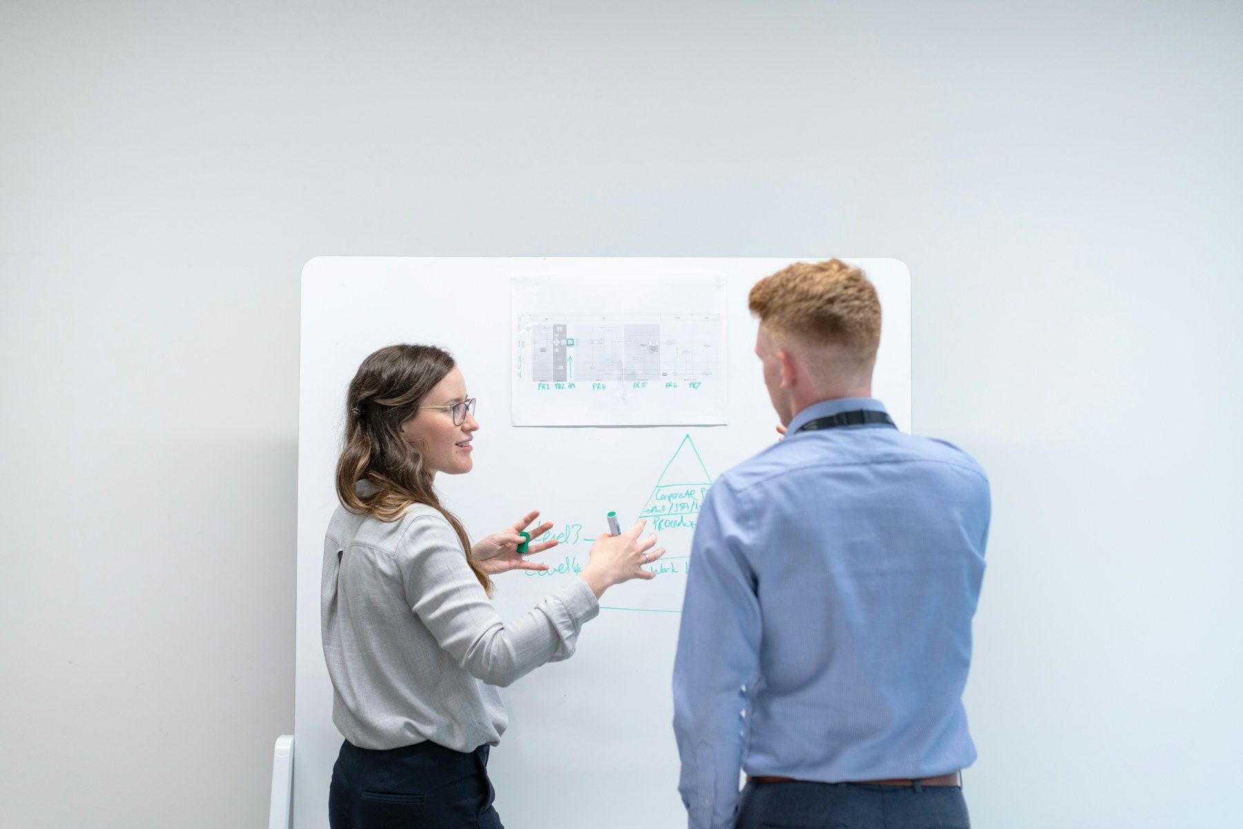 Two colleagues planning at a whiteboard in a bright office